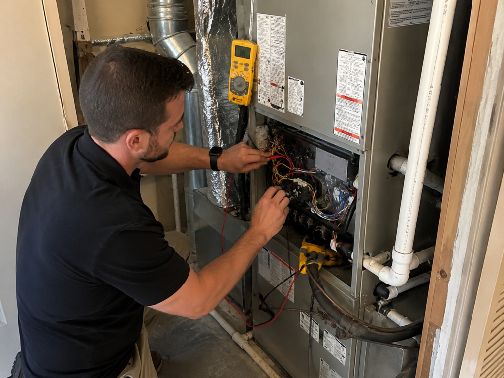 HVAC technician diagnosing an AC blowing warm air in 110 degree weather while inspecting an outdoor air conditioning unit during an extreme summer heatwave.