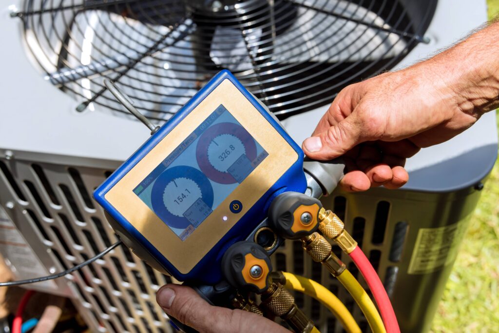 Facility manager reviewing a commercial HVAC maintenance checklist in a business building