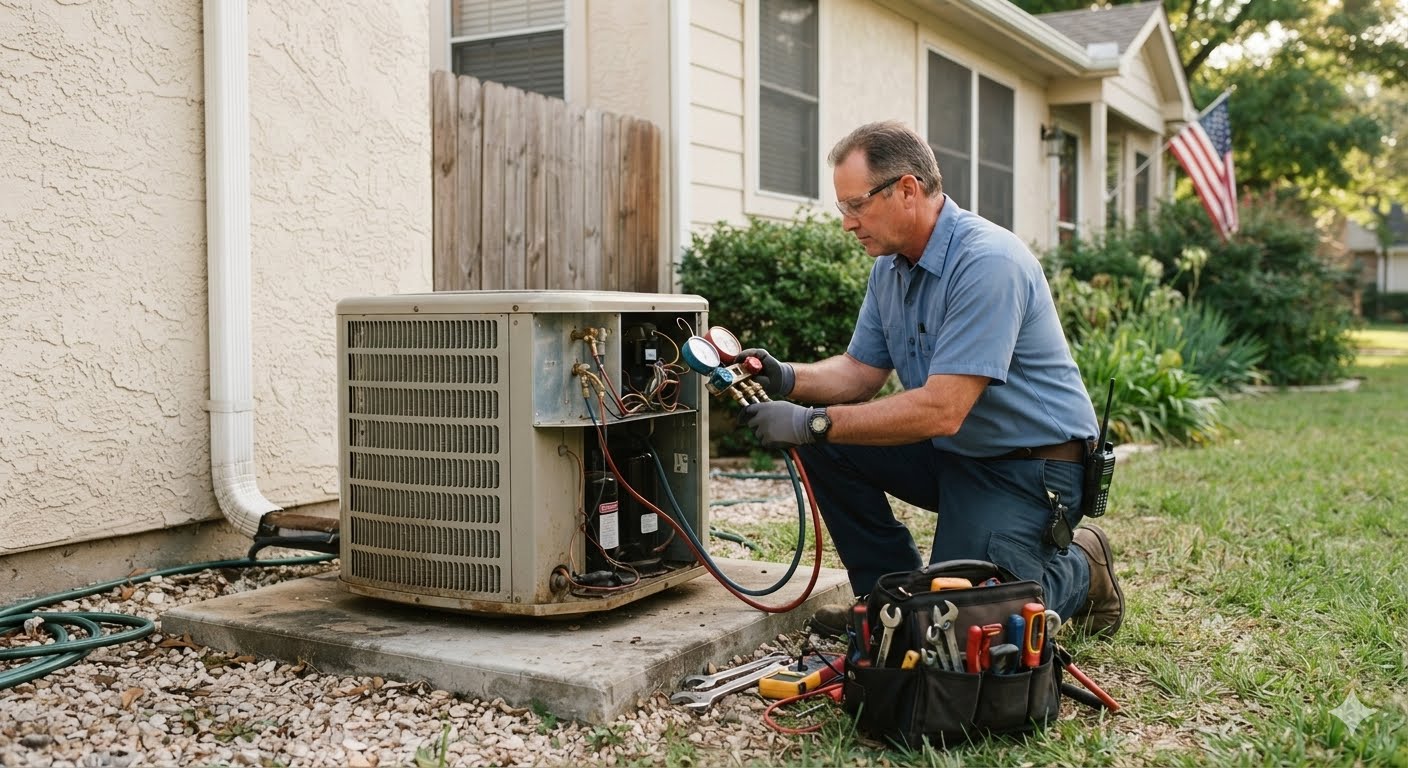 HVAC technician inspecting the inside of a residential air conditioner during annual maintenance.